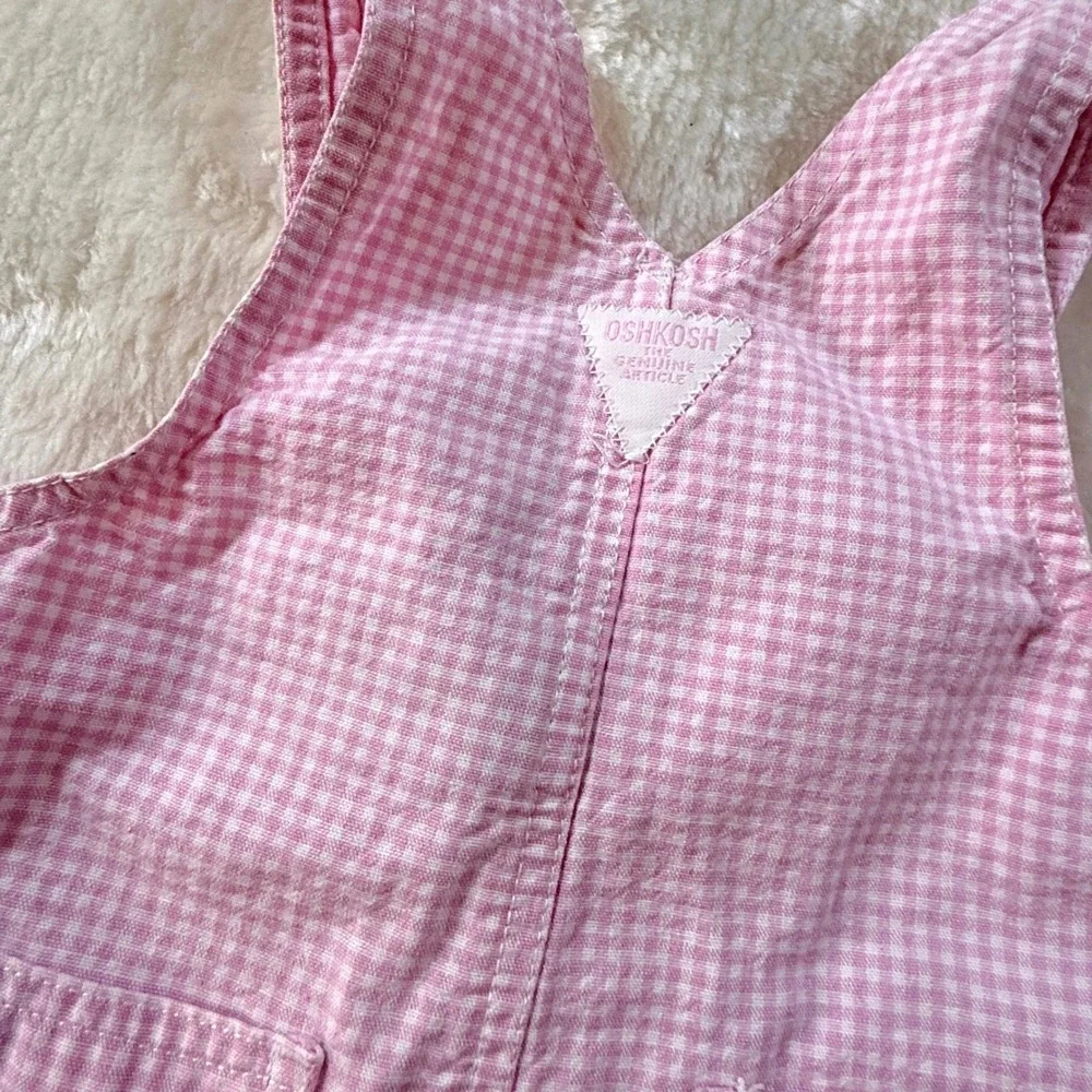 Vintage OshKosh Bgosh Baby Girls Pink Gingham Cotton Shortalls Overalls 3-6 M